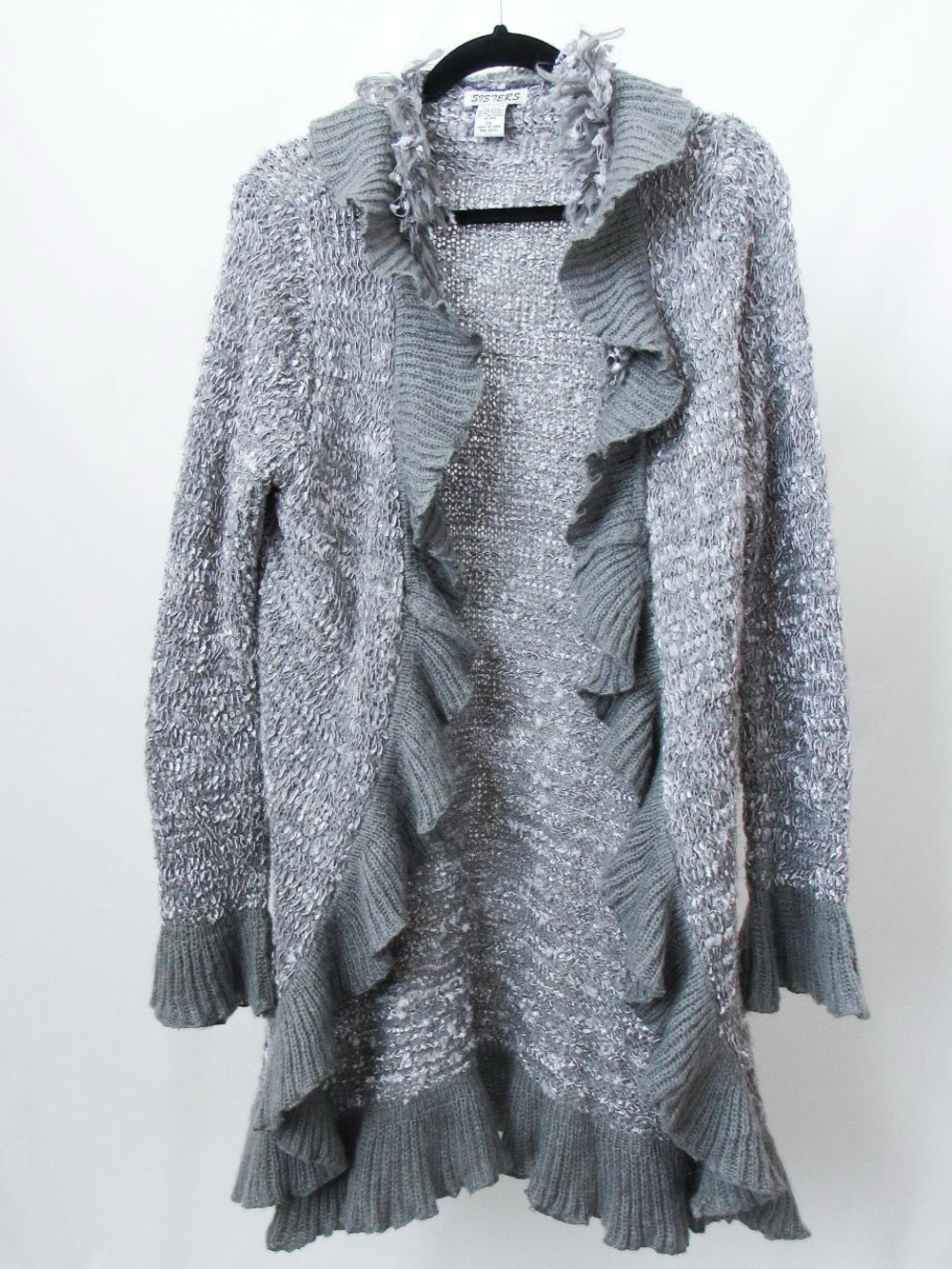 VTG Cozy Ruffle-Trim Open Cardigan Sweater Long Duster Jacket- Gray Size-XL